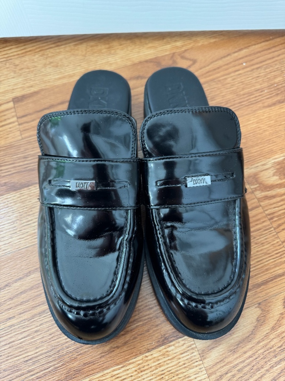 DKNY Black Patent Loafer Mules